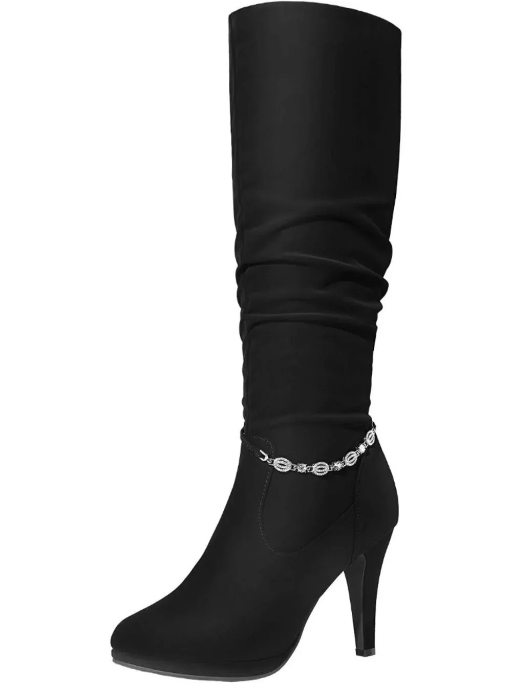 Women's Black Nubuck Stiletto Heel Rhinestone Chain Side Zipper Knee High Boots